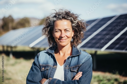 Portrait of a middle aged woman engineer next to solar panel photo