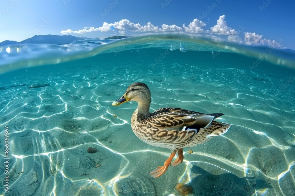 Half-submerged Duck in Crystal Clear Water Half-submerged Duck in Crystal Clear Water