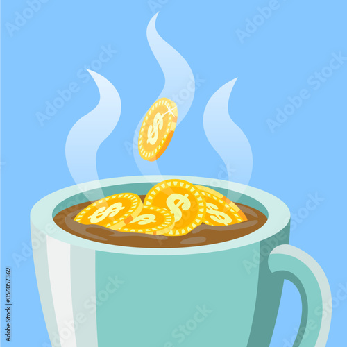 Canvas-taulu creative illustration of golden dollar coins floating in a steaming cup of coffe