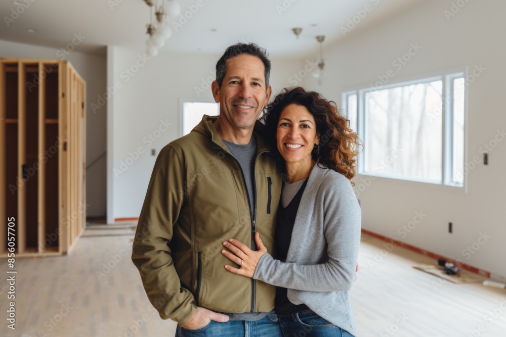 Portrait of a smiling middle aged Hispanic couple in new home Portrait of a smiling middle aged Hispanic couple in new home