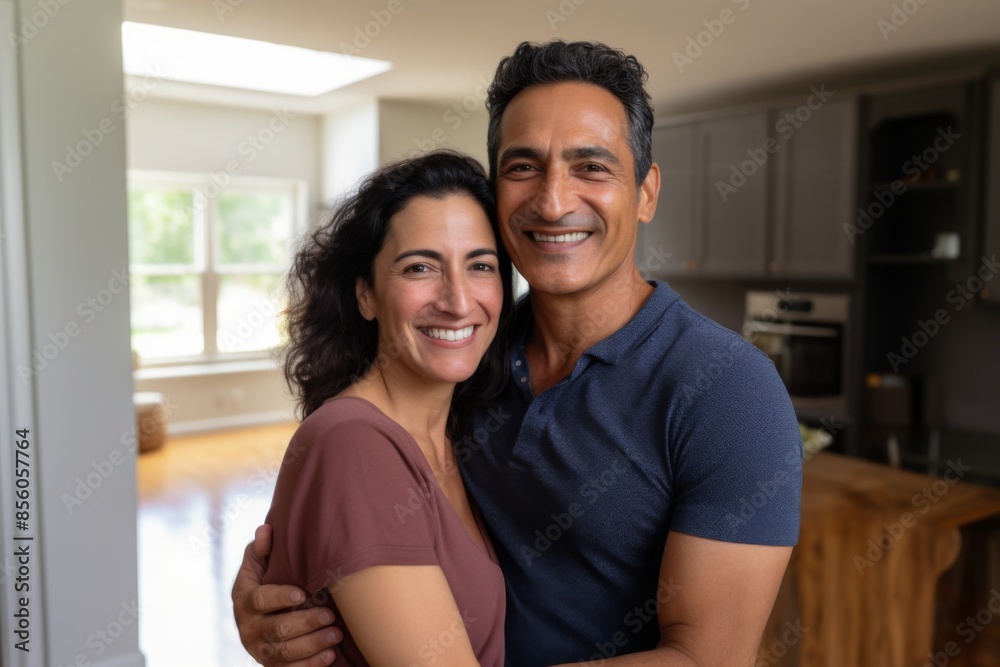 Portrait of a smiling middle aged Hispanic couple in new home Portrait of a smiling middle aged Hispanic couple in new home