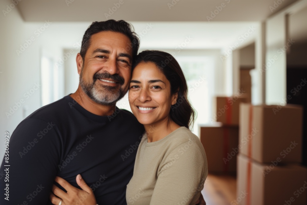 Portrait of a smiling middle aged Hispanic couple in new home Portrait of a smiling middle aged Hispanic couple in new home