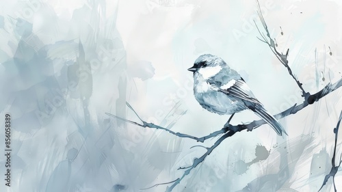 Minimalist watercolor of a bird perched quietly. Muted grays and blues enhance the serene background.