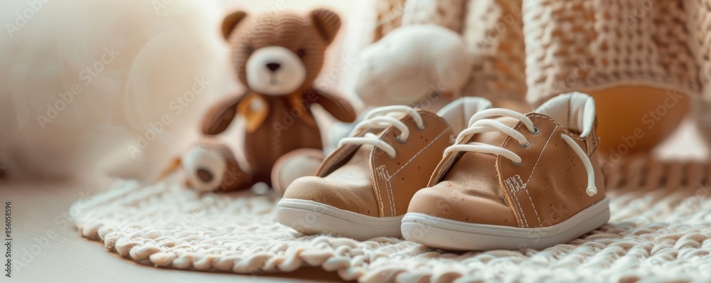 Adorable baby shoes placed on a cozy, light-colored background with cute toys. This charming setup is perfect for themes related to childhood and family. Adorable baby shoes placed on a cozy, light-colored background with cute toys. This charming setup is perfect for themes related to childhood and family.