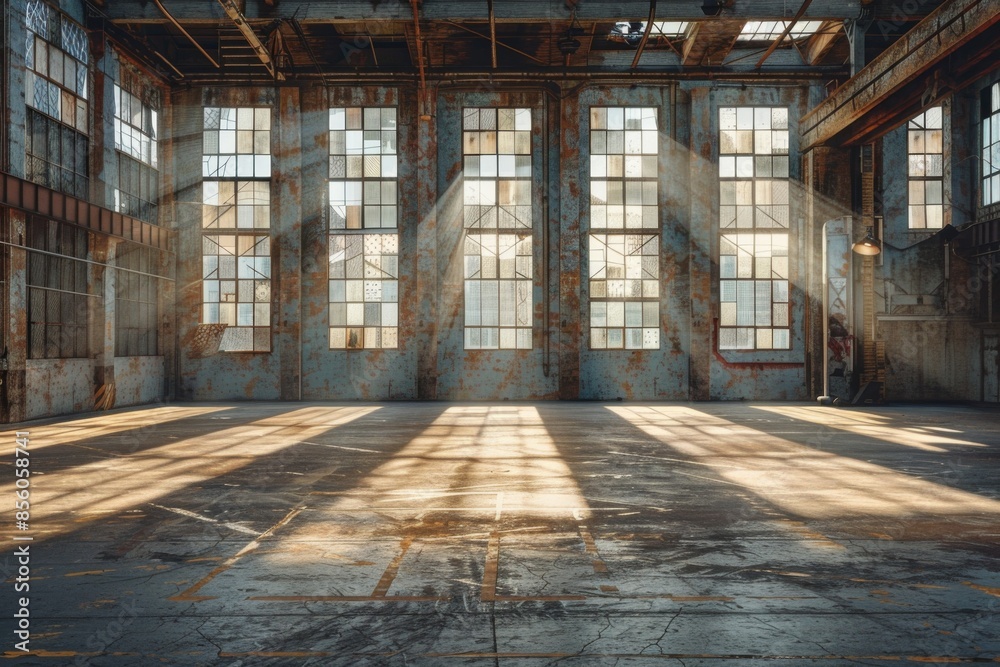 Dilapidated Factory Interior with Sun Rays Dilapidated Factory Interior with Sun Rays