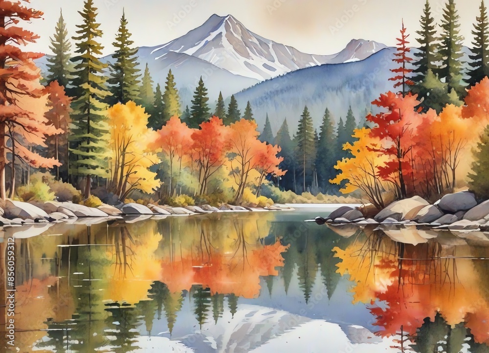 Fototapeta premium A watercolor painting of a mountain landscape reflected in a calm lake