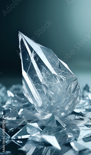 Clear crystal broken and shattered glass background. Ai generated. photo