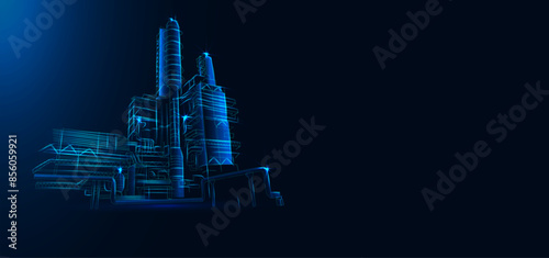 Gas Processing Plant, blue background. Triangles and particle style design. Polygon vector wireframe concept. Headline