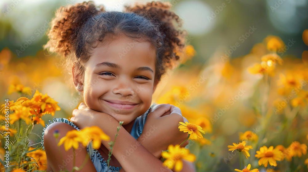 Cute little girl with an afro smiles and hugs herself in a blooming field Cute little girl with an afro smiles and hugs herself in a blooming field
