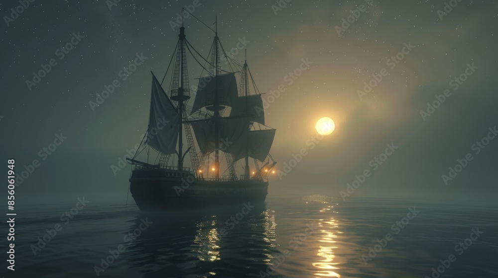 Obraz premium Sailing ship in sea water with moon.