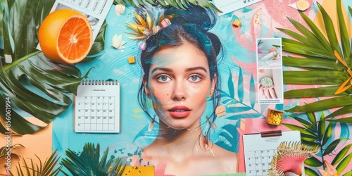 Young beautiful woman with green leaves and tropical fruits around her head. photo