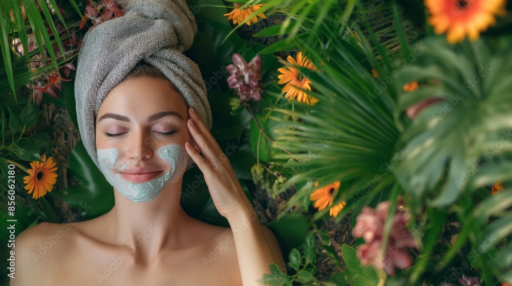 Content woman lying down with a facial mask surrounded by a vibrant garden of flowers and foliage Content woman lying down with a facial mask surrounded by a vibrant garden of flowers and foliage