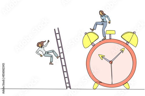 Single continuous line drawing businesswoman kicks opponent who climbs the alarm clock with ladder. Arrogance. No need for colleagues to complete many deadlines. One line design vector illustration