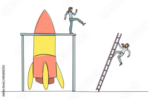Single one line drawing businesswoman kicks opponent who climbing the rocket with a ladder. Failure to open the new business. Cheated by business friend. Continuous line design graphic illustration