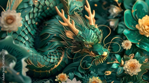 Majestic Emerald Dragon with Golden Accents, Generative AI