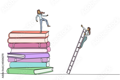 Single one line drawing businesswoman kicks opponent who climbing a pile of books with a ladder. Failed to gain access to profitable business principles. Continuous line design graphic illustration