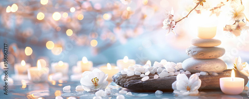 Zen stones, candles and white flower on soft background with copy space. A Visual Guide to Achieving Wellness and Harmony through Spa Treatments