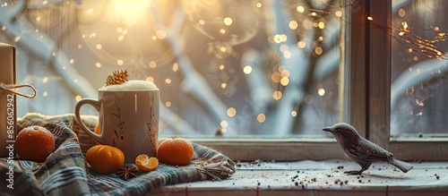 mug with a hot drink, a plaid, tangerines, a gift, a light garland on the background of a window with a silhouette of a bird. cozy winter home morning. with copy space image