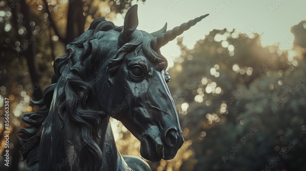 Close up of a black unicorn statue head in a park at sunset Close up of a black unicorn statue head in a park at sunset