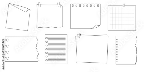 Memo sticky note reminder sheet paper. Doodle paper frame, check list with pin, tape, paperclip elements. Set cute notes, office or school messages.