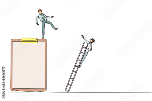 Single one line drawing businessman kicks opponent who is climbing a big clipboard with a ladder. The bully will ruin the daily report. Chase away bullies. Continuous line design graphic illustration