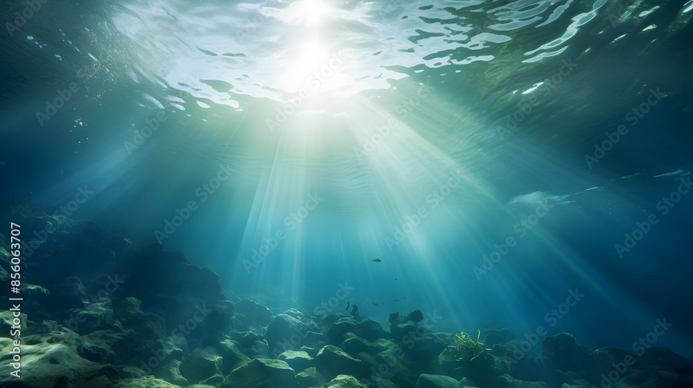 Fototapeta premium Dark blue ocean surface seen from underwater