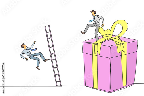 Continuous one line drawing businessman kicks opponent who is climbing the gift box with ladder. Competition justifies any means to get rewards. Rival. Single line draw design vector illustration