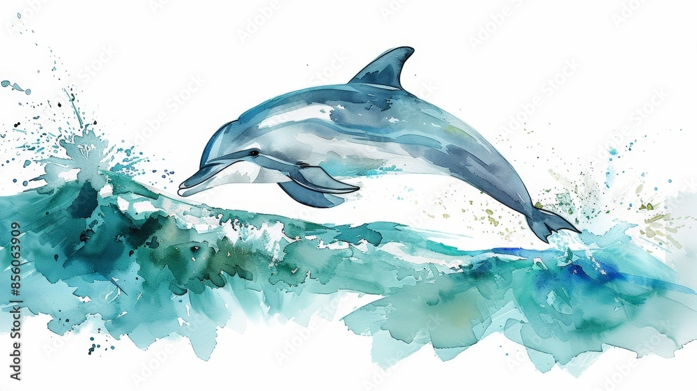 A watercolor illustration of a dolphin mid-jump in the ocean. The artwork showcases soft blues and greens with splashes of water. A watercolor illustration of a dolphin mid-jump in the ocean. The artwork showcases soft blues and greens with splashes of water.