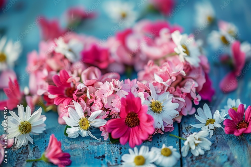 Heart Shaped Floral Arrangement on Blue Background Heart Shaped Floral Arrangement on Blue Background