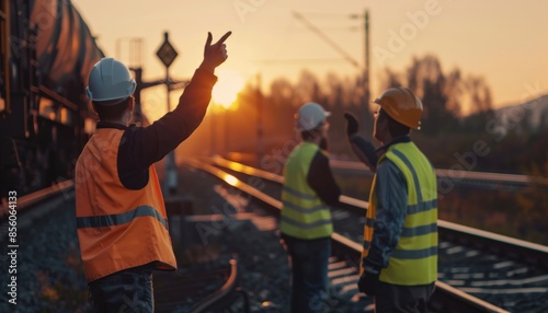 Three railroad workers in hard hats and safety vests stand on the tracks in front of an oncoming train.