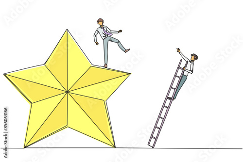 Continuous one line drawing businessman kicks opponent who is climbing the star with a ladder. Dropping opponents from achieving the same dream. Rival. Single line draw design vector illustration