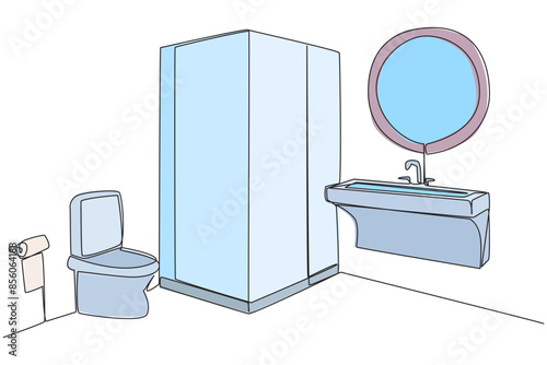 Single continuous line drawing stylish bathroom with full furniture modern. Separation of dry toilets and wet toilets with the installation of a shower cubicle. One line design vector illustration