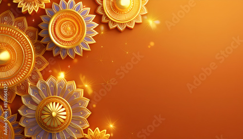 Golden Diya Decorations on Orange Background for Diwali Festival. Festival Greeting card and banner