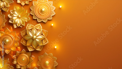 Golden Diya Decorations on Orange Background for Diwali Festival. Festival Greeting card and banner