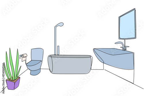 Single one line drawing bathroom in the staycation location. Mini bathtub. Elegant minimalist design. Clean and clear. Maintain neatness and cleanliness. Continuous line design graphic illustration