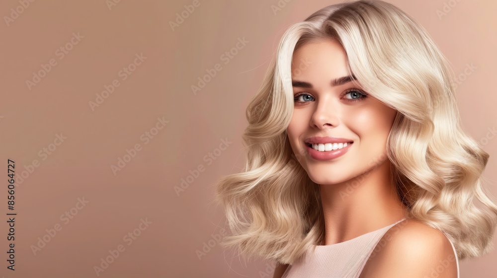 Fototapeta premium A stunning portrait of a graceful blonde woman showing a charming smile against a soft beige background