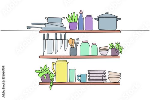 Continuous one line drawing Cooking utensils in one vector image. The layout is very neat. Minimalist design layout. Far from being messy. Clean and clear. Single line draw design vector illustration