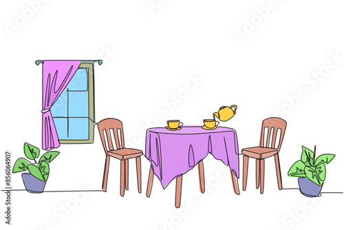 Single continuous line drawing stylish room with full furniture modern. Relaxing space for drinking tea or coffee. Scandinavian design interior. Simple minimalist. One line design vector illustration