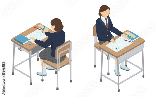 アイソメトリックイラスト：学校の机で勉強する女子高校生