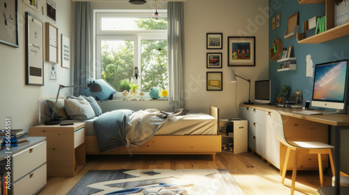 A contemporary teenage room interior reflects style and functionality tailored to younger tastes