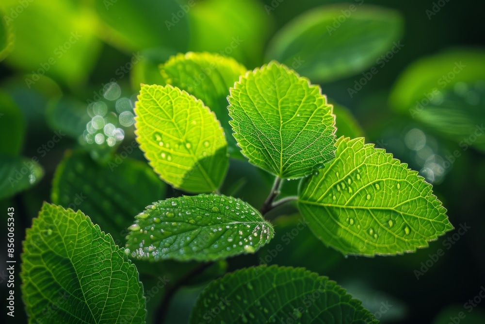 Close-up of Fresh Green Leaves with Dew Drops Close-up of Fresh Green Leaves with Dew Drops
