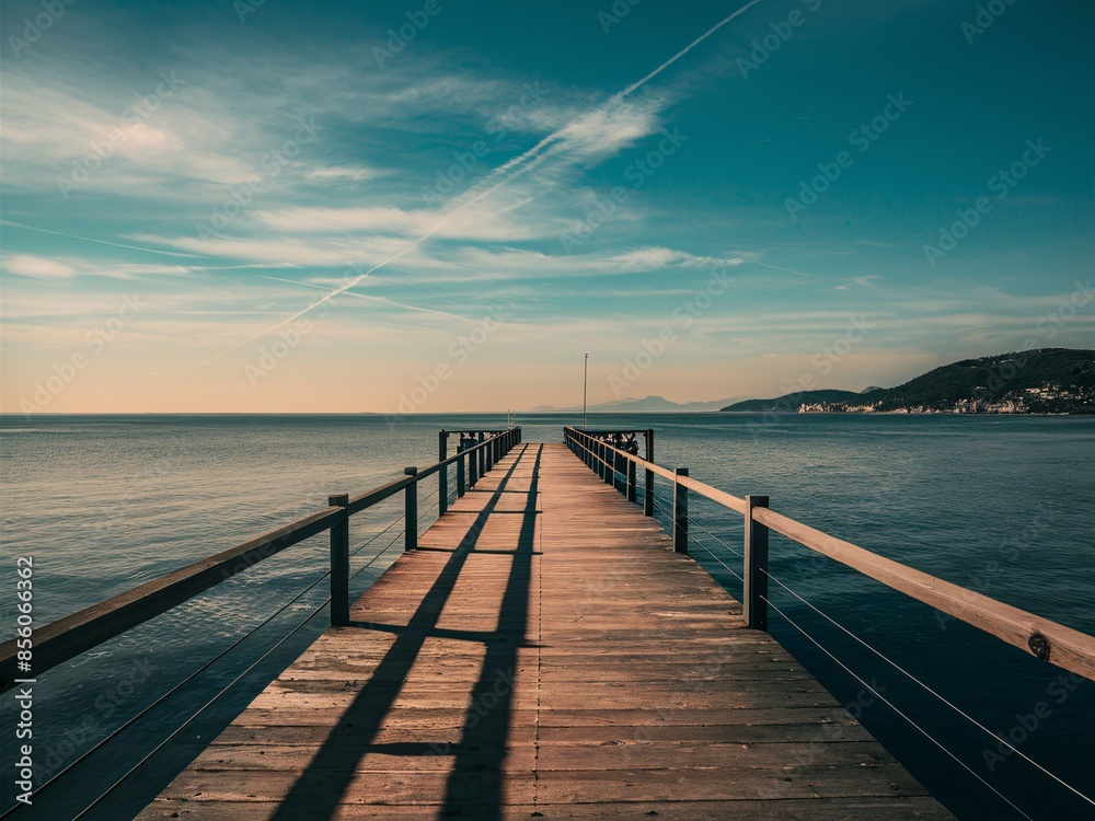 A wooden dock extending out into a calm lake on a sunny day.
A wooden dock extending out into a calm lake on a sunny day.
