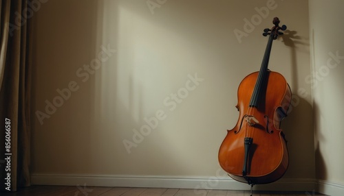 A cello stands elegantly against a wall, bathed in soft natural light