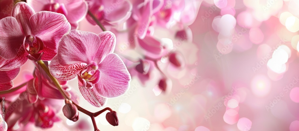 Obraz premium Pink orchid flower. Greeting background. with copy space image. Place for adding text or design
