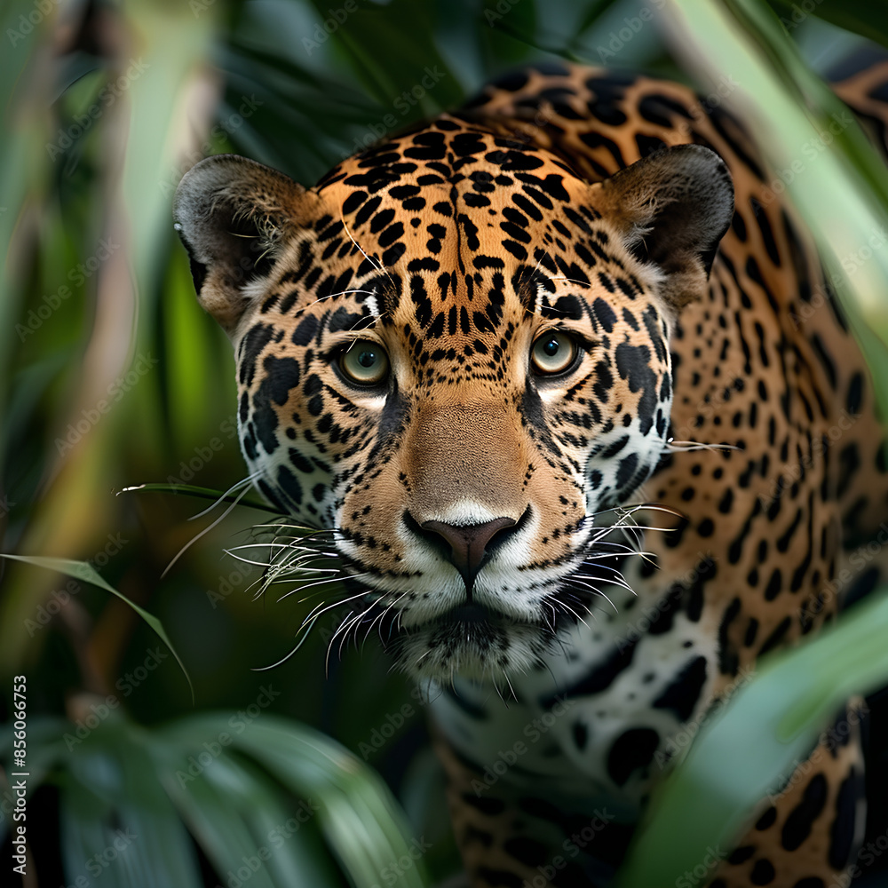 A predatory jaguar stalking in the dense forest, eyes focused and intense. A predatory jaguar stalking in the dense forest, eyes focused and intense.
