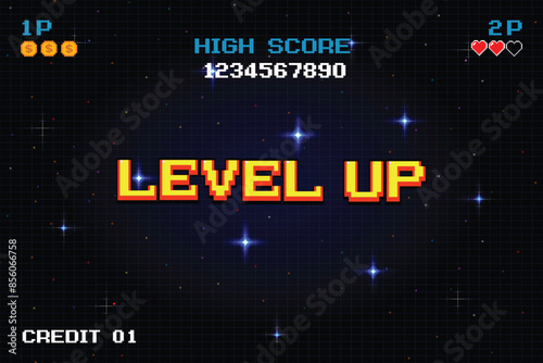 LEVEL UP. pixel art .8 bit game. retro game. for game assets in vector illustrations.