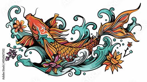 A colorful fish with a flower on its head is swimming in a blue ocean. The fish is surrounded by a lot of flowers, which gives the image a vibrant and lively feel