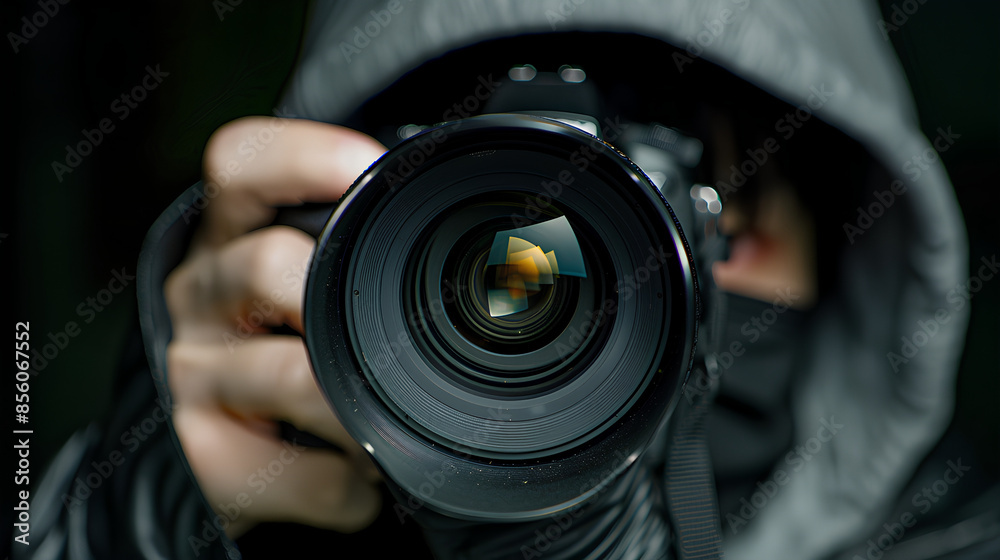 An undercover investigator taking photos with a professional camera, the lens reflecting a focused scene, shrouded in mystery and suspense.