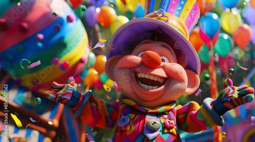 Cheerful Cartoon Character with Rosy Cheeks in Whimsical Clothes Spreading Joy and Laughter