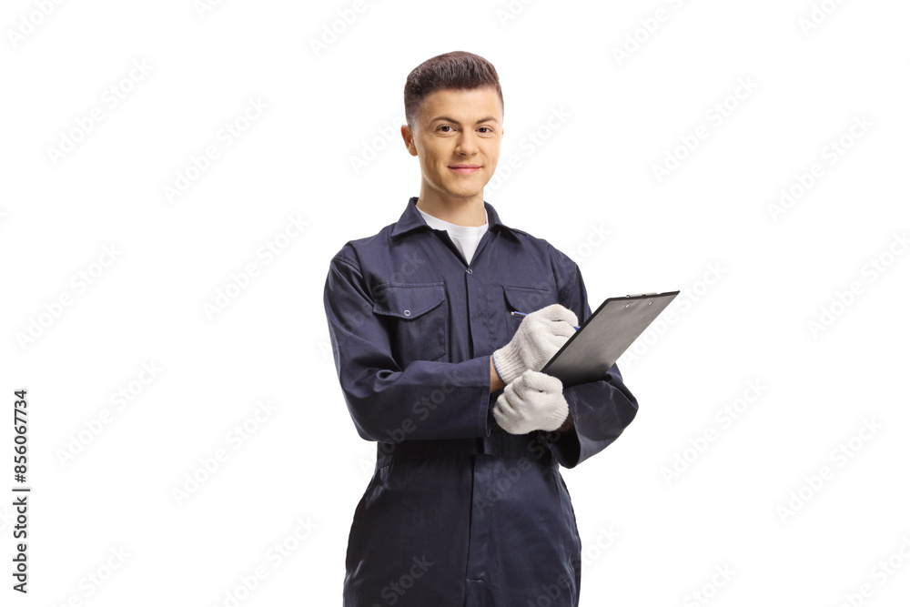 Young mechanic worker in a uniform writing on a clipboard Young mechanic worker in a uniform writing on a clipboard